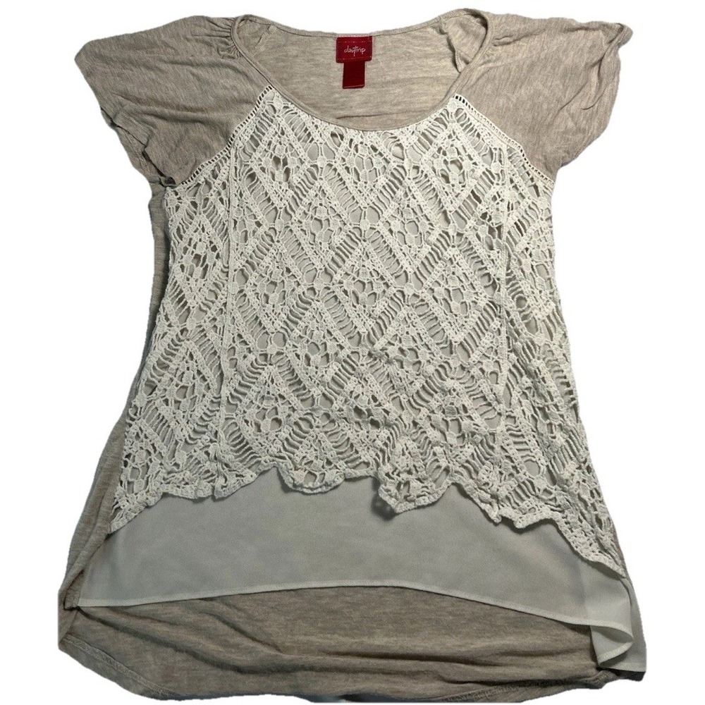 Daytrip Lace Panel Knit Top Small Beige Metallic Aztec Pattern High Low Hem(208)